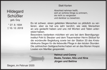 Traueranzeige von Hildegard Schüßler von Siegener Zeitung
