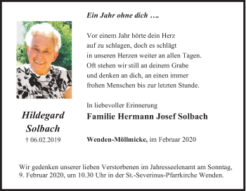 Traueranzeige von Hildegard Solbach von Siegener Zeitung