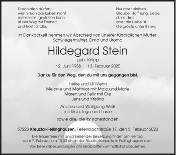 Traueranzeige von Hildegard Stein von Siegener Zeitung
