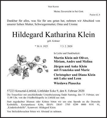 Traueranzeige von Hildegard Katharina Klein von Siegener Zeitung