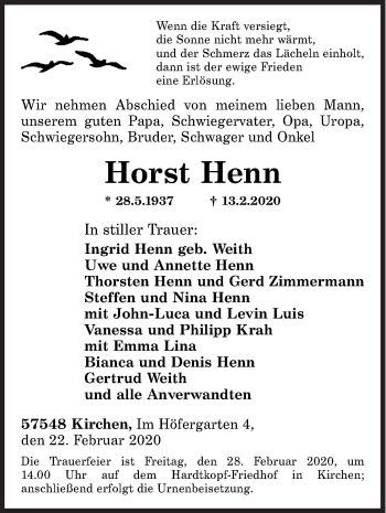 Traueranzeige von Horst Henn von Siegener Zeitung