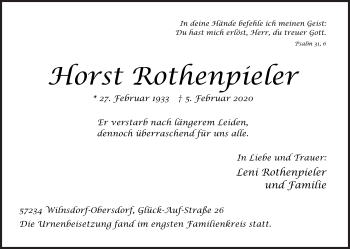 Traueranzeige von Horst Rothenpieler von Siegener Zeitung