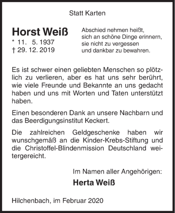 Traueranzeige von Horst Weiß von Siegener Zeitung