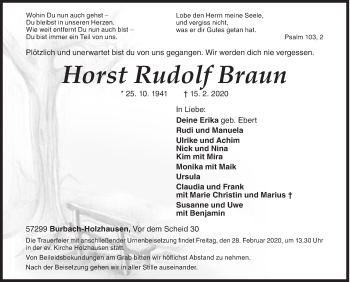 Traueranzeige von Horst Rudolf Braun von Siegener Zeitung