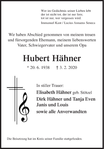 Traueranzeige von Hubert Hähner von Siegener Zeitung