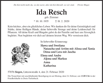 Traueranzeige von Ida Resch von Siegener Zeitung