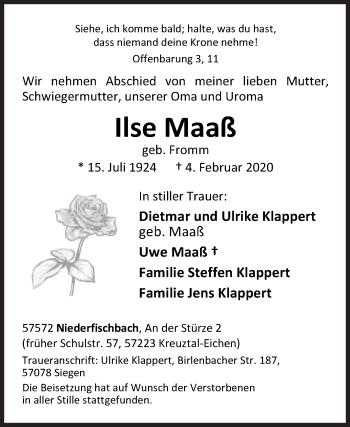 Traueranzeige von Ilse Maaß von Siegener Zeitung