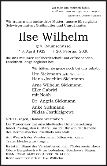Traueranzeige von Ilse Wilhelm von Siegener Zeitung
