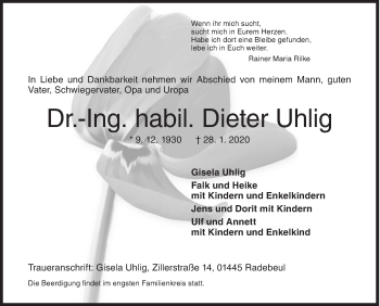 Traueranzeige von Ing. Dieter Uhlig von Siegener Zeitung