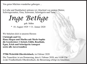 Traueranzeige von Inge Bethge von Siegener Zeitung