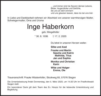 Traueranzeige von Inge Haberkorn von Siegener Zeitung