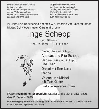 Traueranzeige von Inge Schepp von Siegener Zeitung