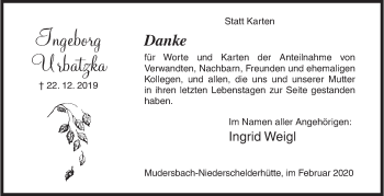 Traueranzeige von Ingeborg Urbatzka von Siegener Zeitung