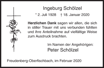 Traueranzeige von Ingeburg Schölzel von Siegener Zeitung