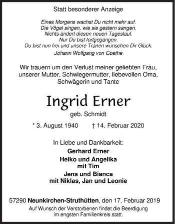 Traueranzeige von Ingrid Erner von Siegener Zeitung