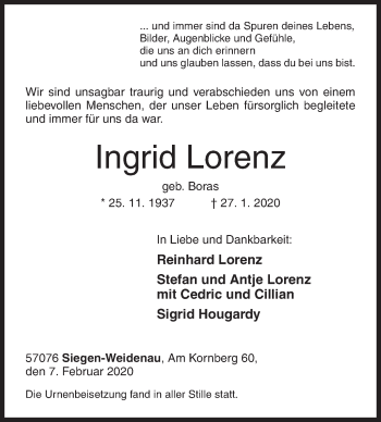 Traueranzeige von Ingrid Lorenz von Siegener Zeitung