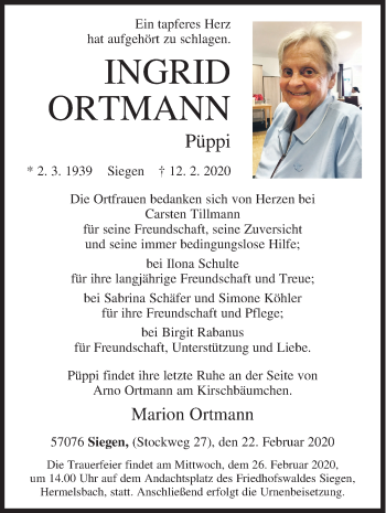 Traueranzeige von Ingrid Ortmann von Siegener Zeitung