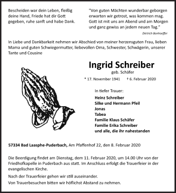 Traueranzeige von Ingrid Schreiber von Siegener Zeitung