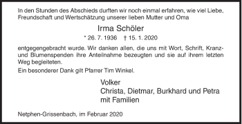 Traueranzeige von Irma Schöler von Siegener Zeitung