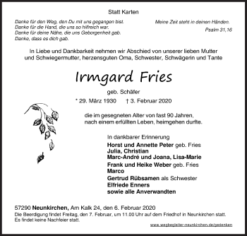 Traueranzeige von Irmgard Fries von Siegener Zeitung
