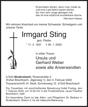 Traueranzeige von Irmgard Sting von Siegener Zeitung