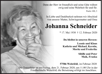 Traueranzeige von Johanna Schneider von Siegener Zeitung