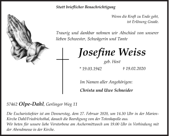 Traueranzeige von Josefine Weiss von Siegener Zeitung