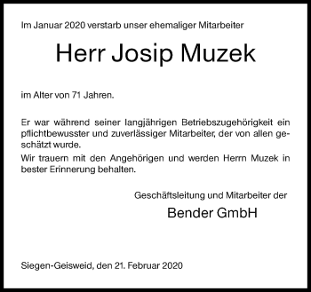 Traueranzeige von Josip Muzek von Siegener Zeitung