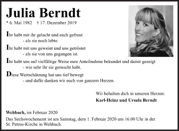 Traueranzeige von Julia Berndt von Siegener Zeitung