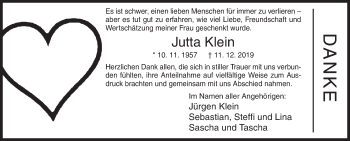Traueranzeige von Jutta Klein von Siegener Zeitung