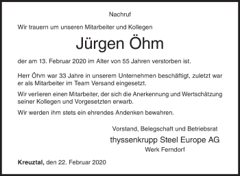 Traueranzeige von Jürgen Öhm von Siegener Zeitung