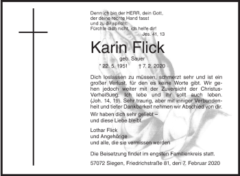 Traueranzeige von Karin Flick von Siegener Zeitung