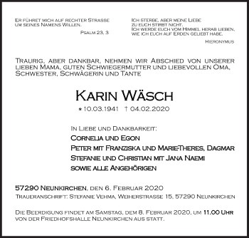 Traueranzeige von Karin Wäsch von Siegener Zeitung