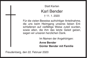 Traueranzeige von Karl Bender von Siegener Zeitung