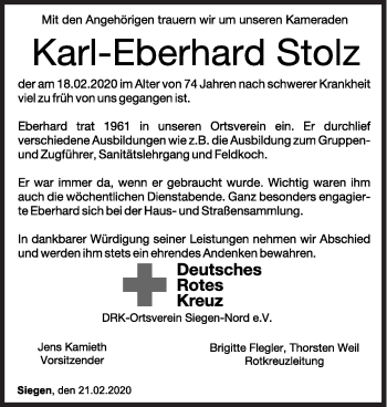 Traueranzeige von Karl-Eberhard Stolz von Siegener Zeitung