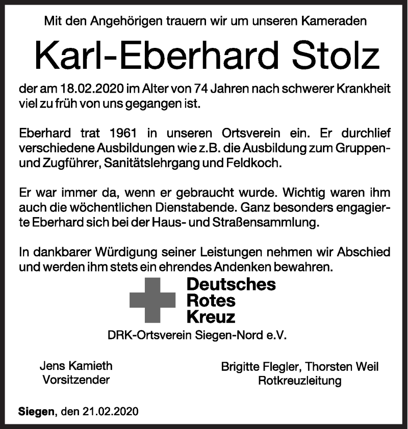  Traueranzeige für Karl-Eberhard Stolz vom 21.02.2020 aus Siegener Zeitung