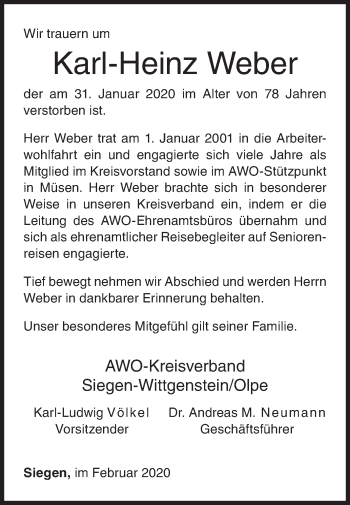 Traueranzeige von Karl-Heinz Weber von Siegener Zeitung