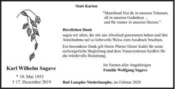 Traueranzeige von Karl Wilhelm Sagave von Siegener Zeitung