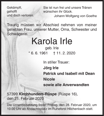 Traueranzeige von Karola Irle von Siegener Zeitung