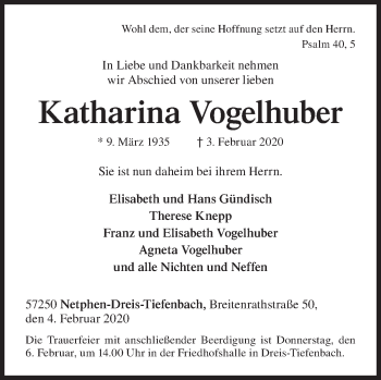 Traueranzeige von Katharina Vogelhuber von Siegener Zeitung