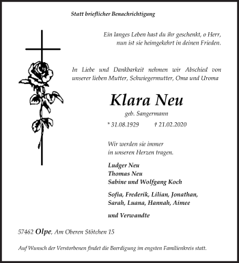 Traueranzeige von Klara Neu von Siegener Zeitung
