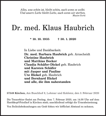 Traueranzeige von Klaus Haubrich von Siegener Zeitung