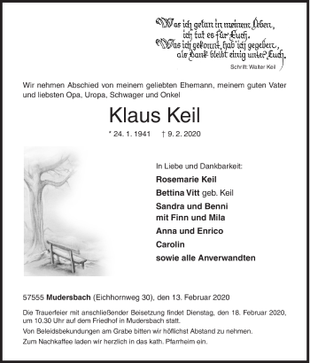 Traueranzeige von Klaus Keil von Siegener Zeitung