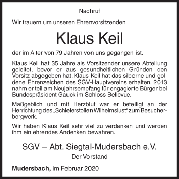 Traueranzeige von Klaus Keil von Siegener Zeitung