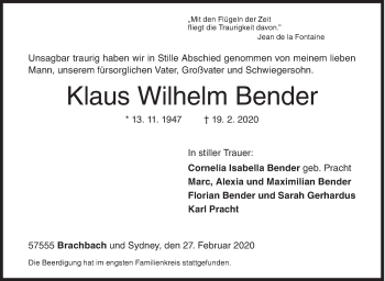 Traueranzeige von Klaus Wilhelm Bender von Siegener Zeitung