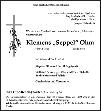 Traueranzeige von Klemens Ohm von Siegener Zeitung