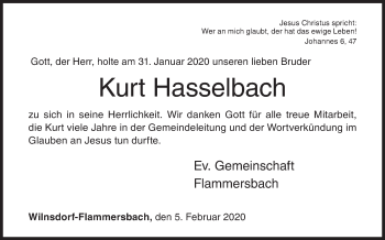 Traueranzeige von Kurt Hasselbach von Siegener Zeitung
