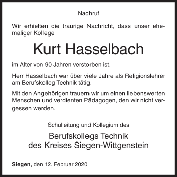 Traueranzeige von Kurt Hasselbach von Siegener Zeitung