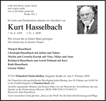 Traueranzeige von Kurt Hasselbach von Siegener Zeitung