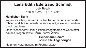 Traueranzeige von Lena Edith Edeltraud Schmidt von Siegener Zeitung